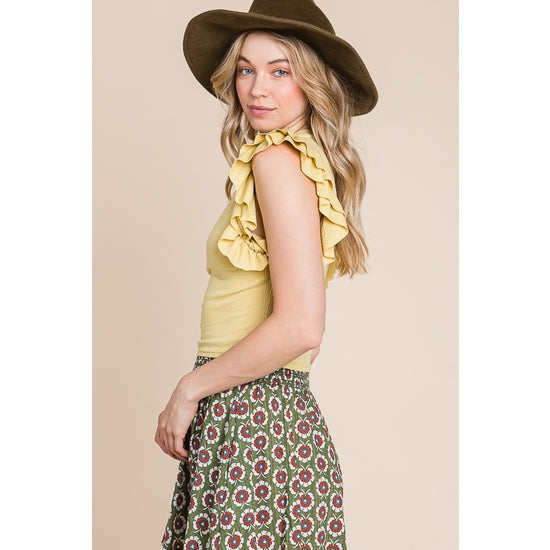 Ruffled Sleeve Cropped Top - Yellow