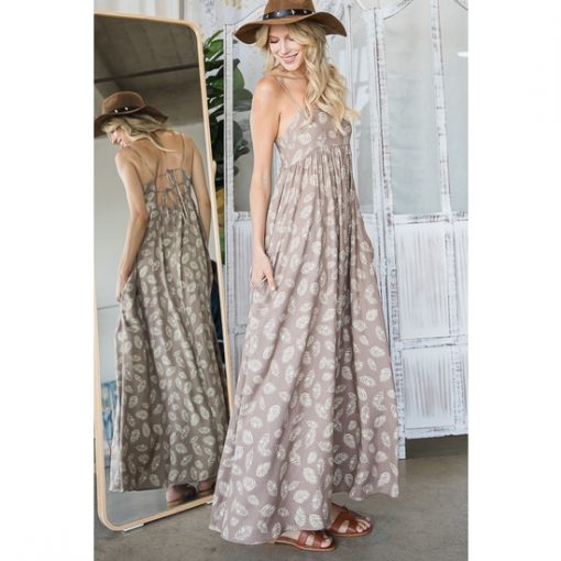 Tie-Back Leaf Print Maxi - Mocha