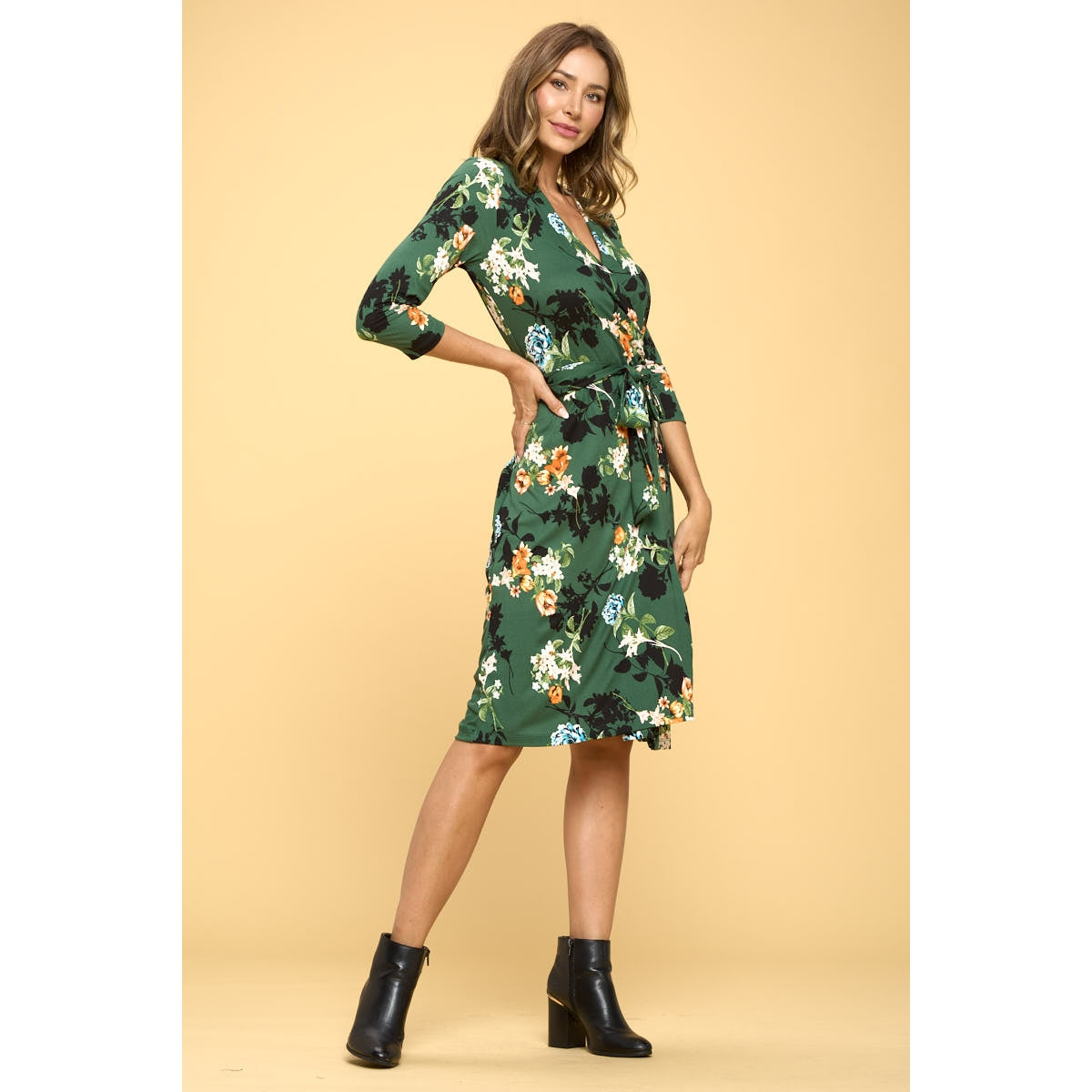 Floral Print V Neck Wrap Dress - Green