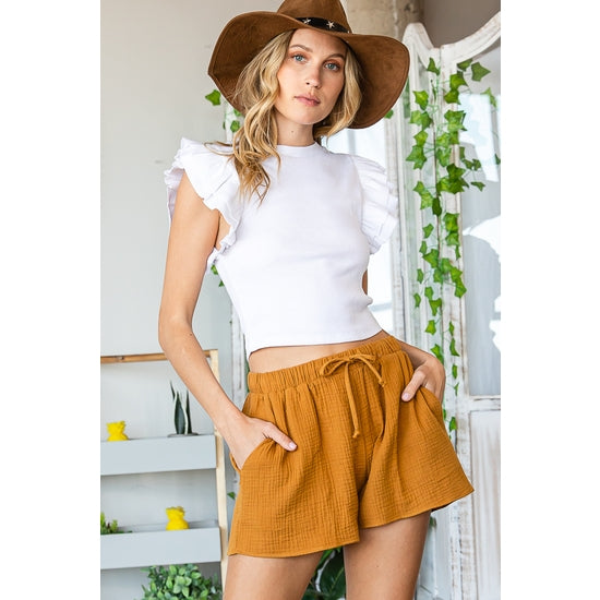 Ruffled Sleeve Cropped Top - White