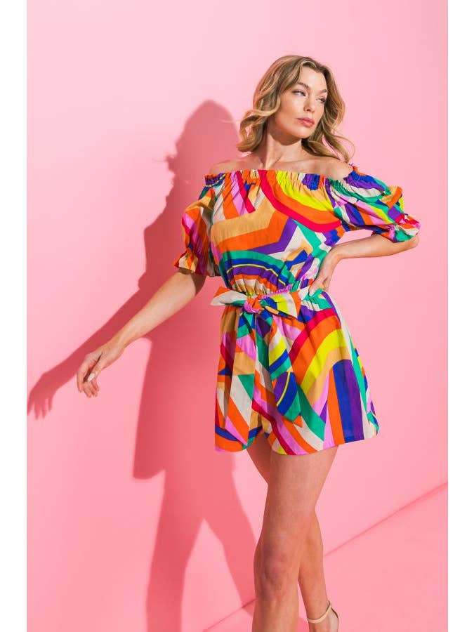 Printed Poplin Romper - Rainbow
