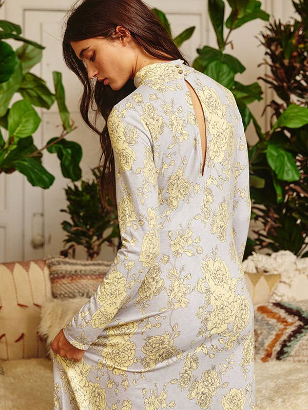 Mock Neck Keyhole Floral Midi Dress
