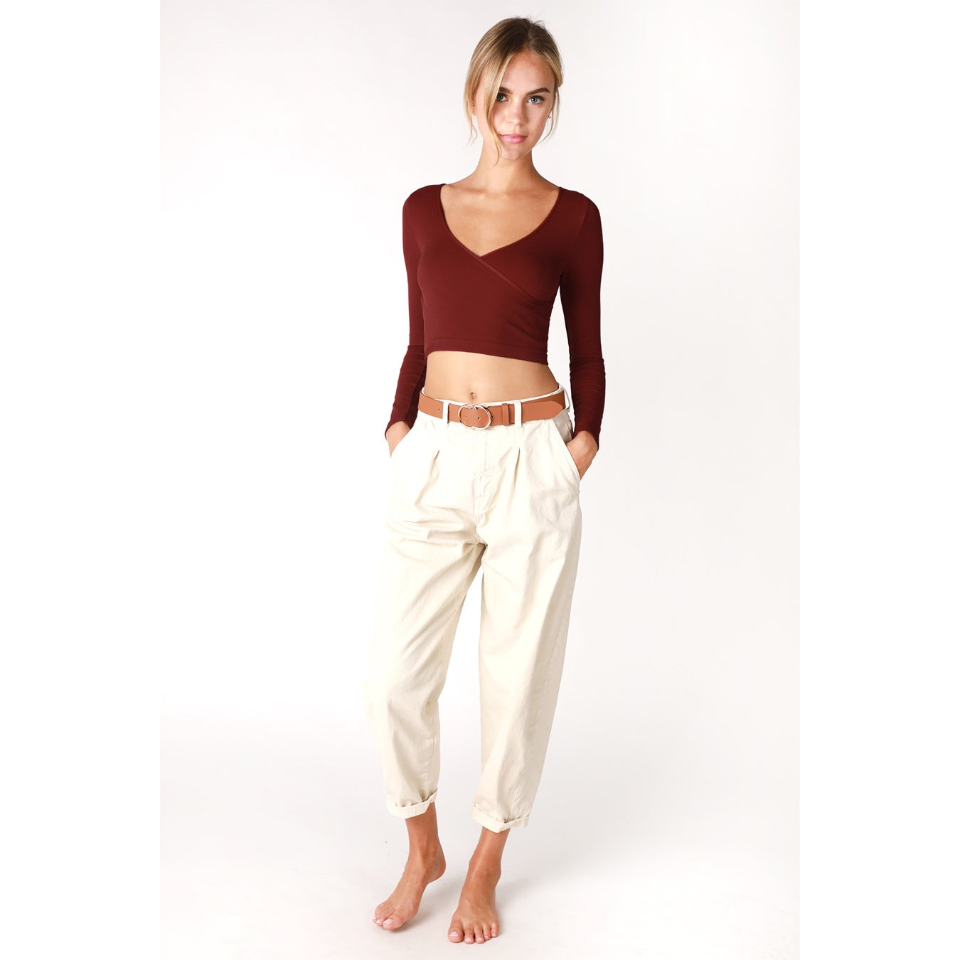 Ribbed Surplice Crop Top - Sundried Tomato