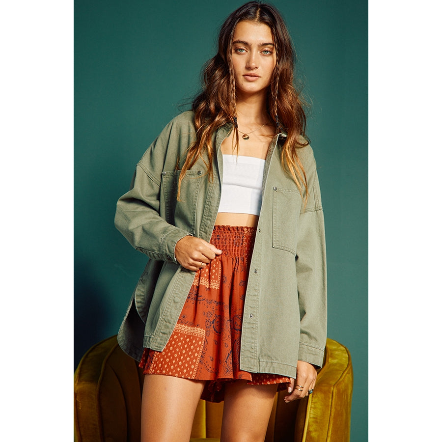 Oversized Denim Shirt Jacket - Olive - FINAL SALE