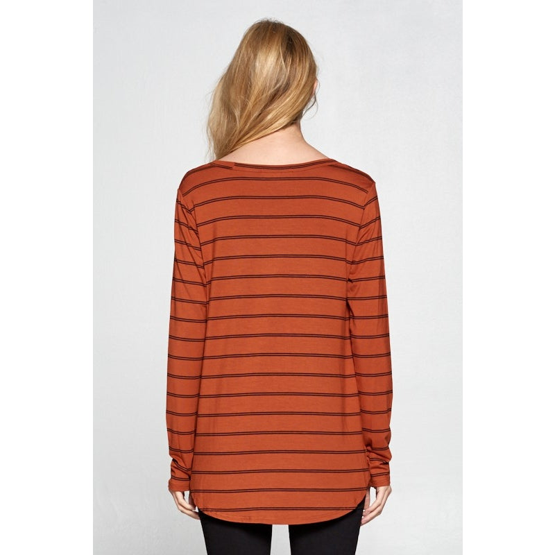 Modal Striped V Neck Top - Rust
