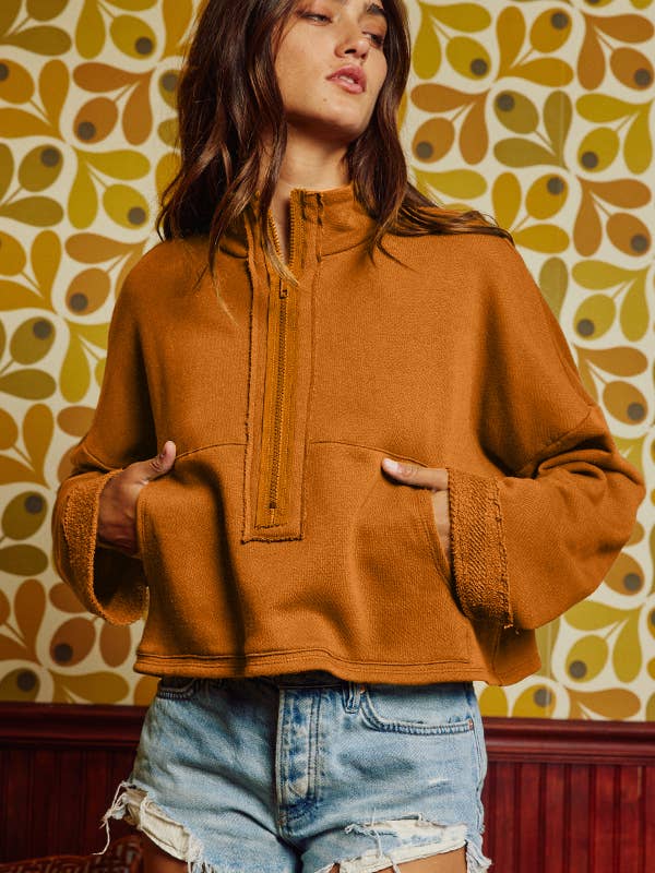 Zip-up Knit Crop Sweatshirt - Camel