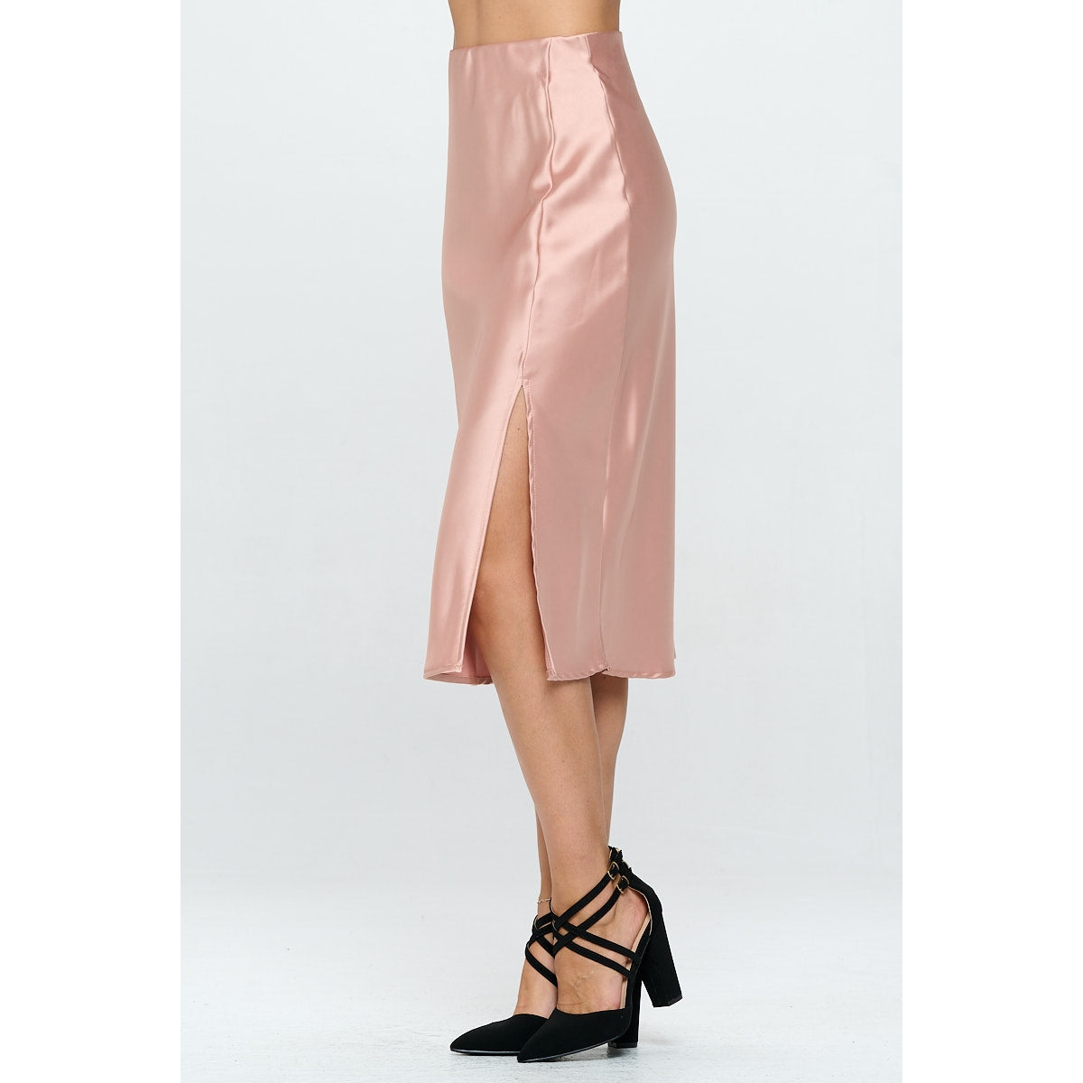 Solid Satin Midi Skirt with Slit - Rose
