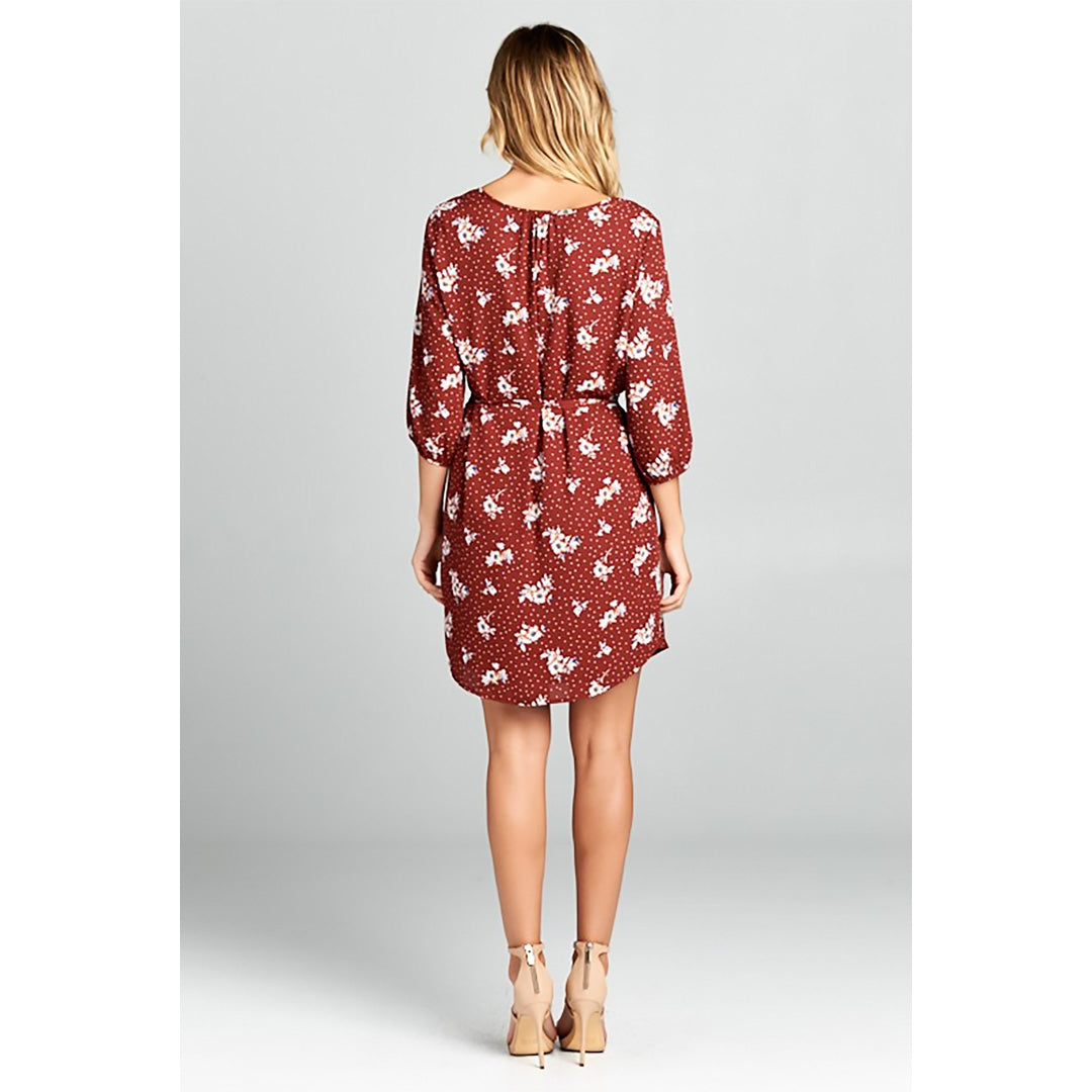 Floral Print V-neck Dress with Belt Tie