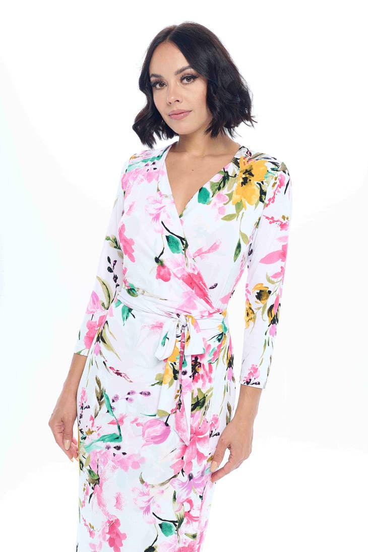Floral Print V Neck Wrap Dress - White