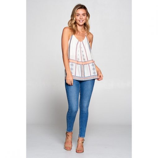 Boho Border V-Neck - Ivory/Coral