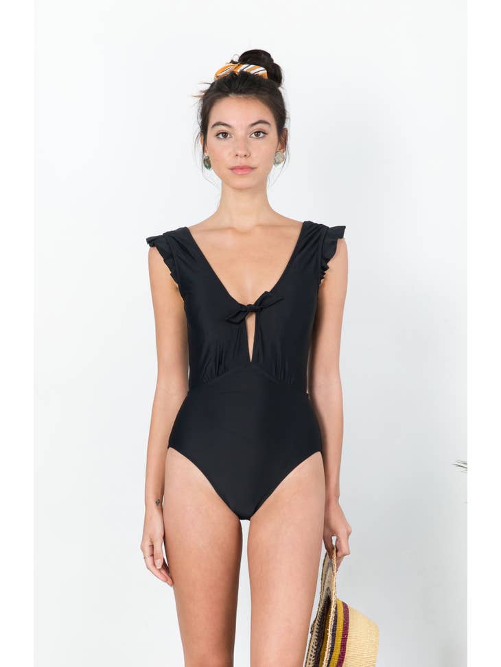 Low V Neck Ruffle Swimsuit - Black