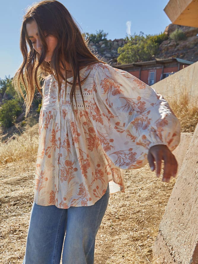 Woven Floral Long Sleeve Top - Ivory Multi