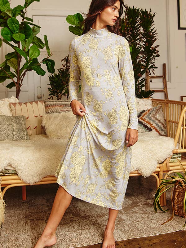 Mock Neck Keyhole Floral Midi Dress