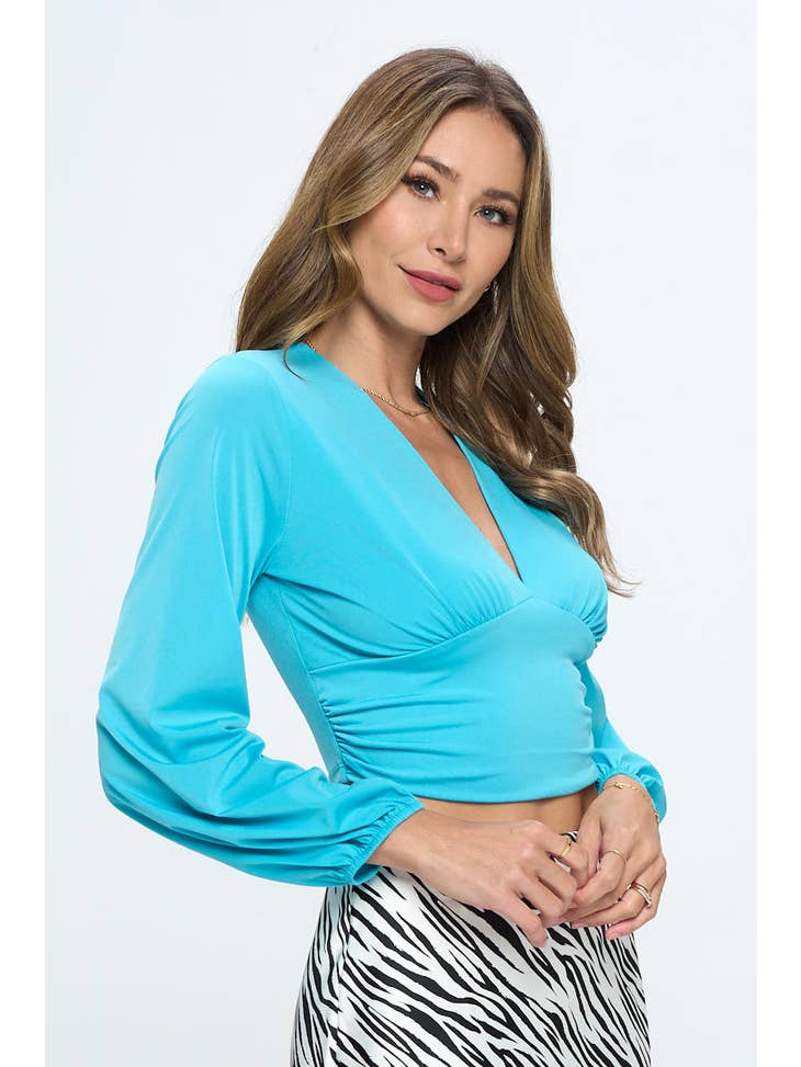 V Neck Long Sleeve Crop Top - Blue