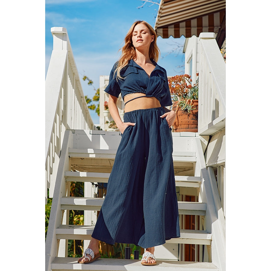 Gauze Wide Leg Pants - Navy
