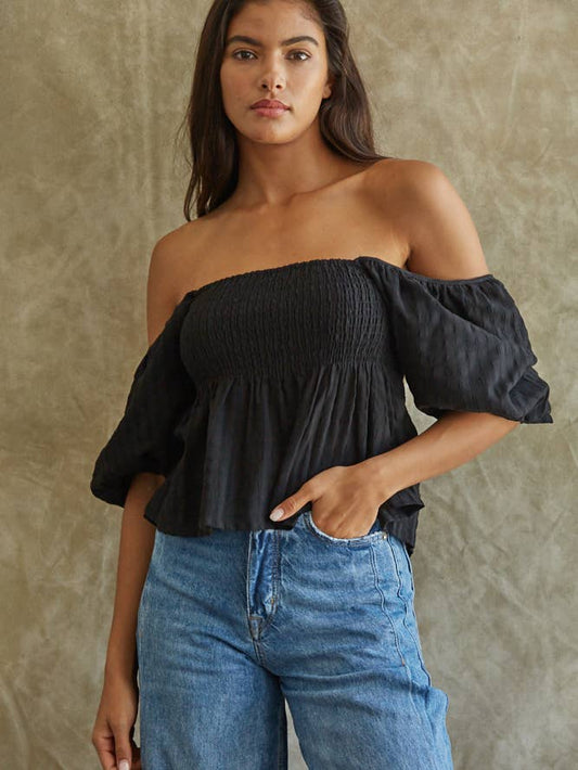 Puffy Sleeve Smocking Chest Top - Black