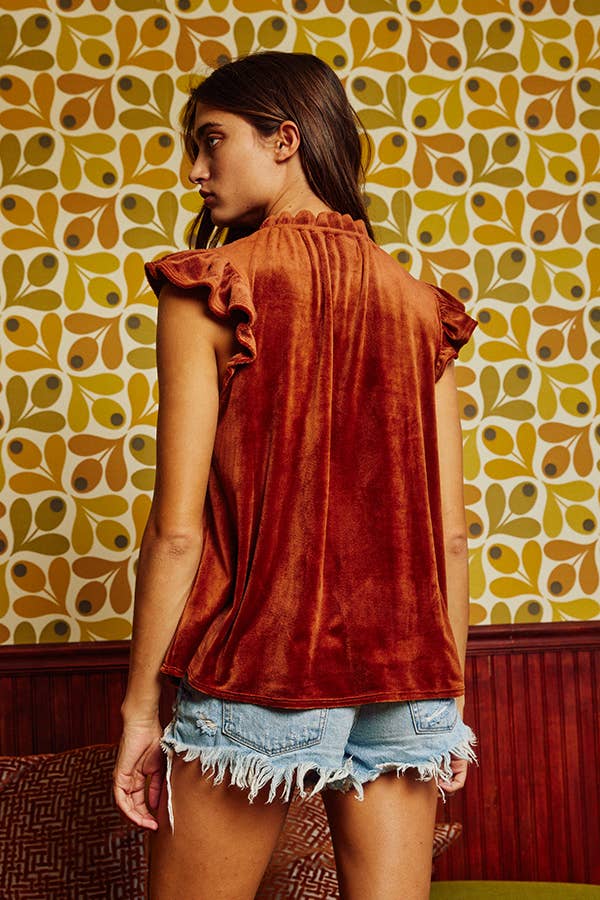 Velvet Ruffle Knit Top - Rust