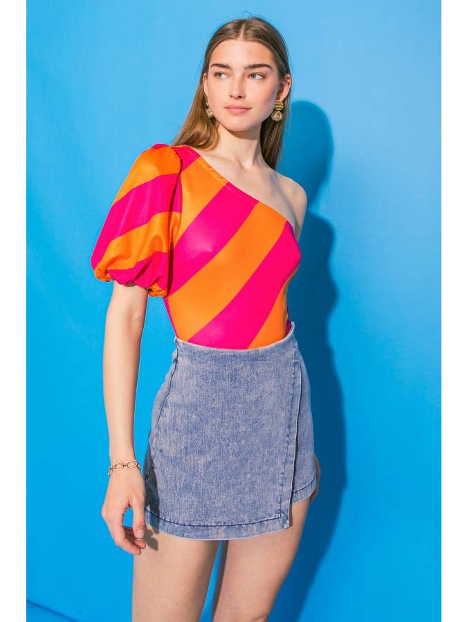 Printed Ponti Bodysuit - Orange / Pink