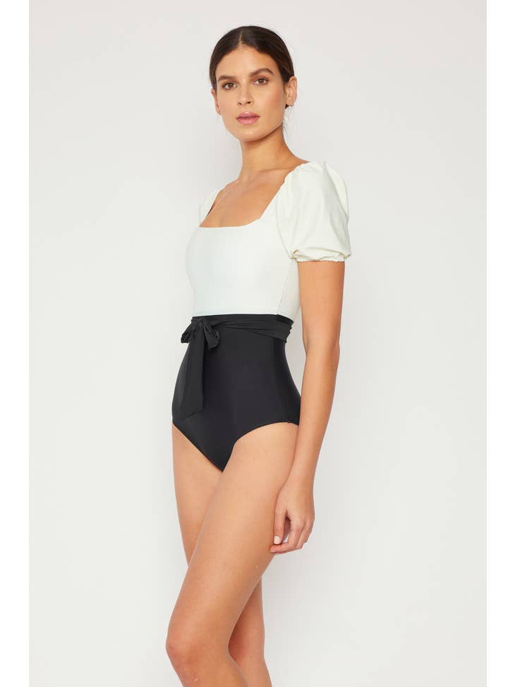Puff Sleeve One Piece Swimsuit - Black & Cream
