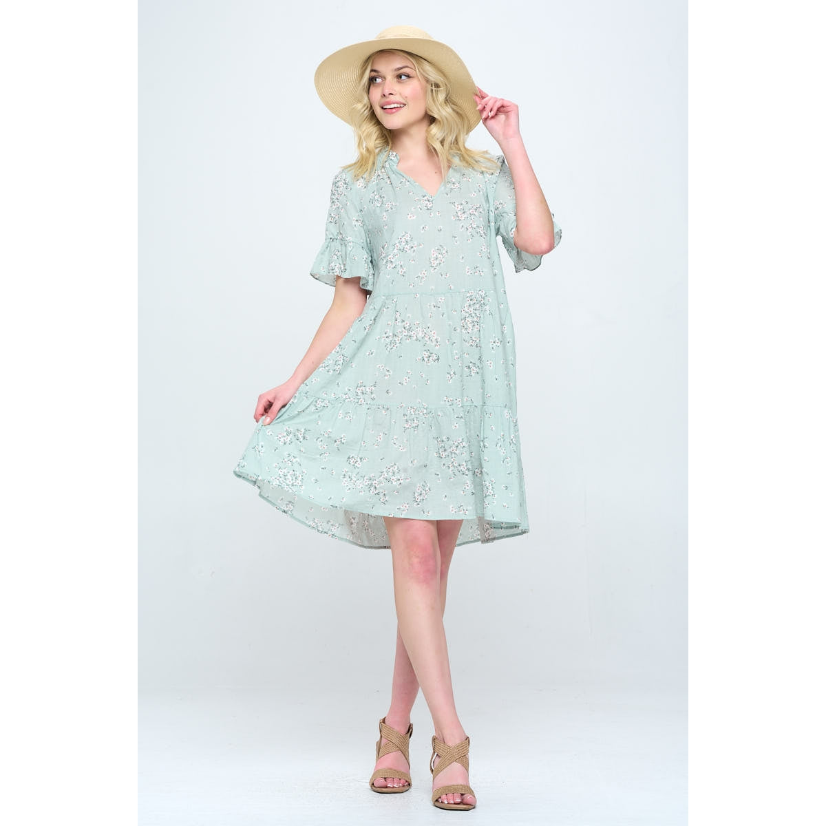 Floral V-Neck Tiered Dress - Sage