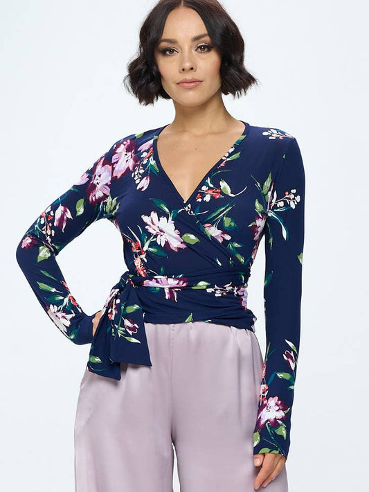 Surplice Top with Long Sleeves - Floral Multi