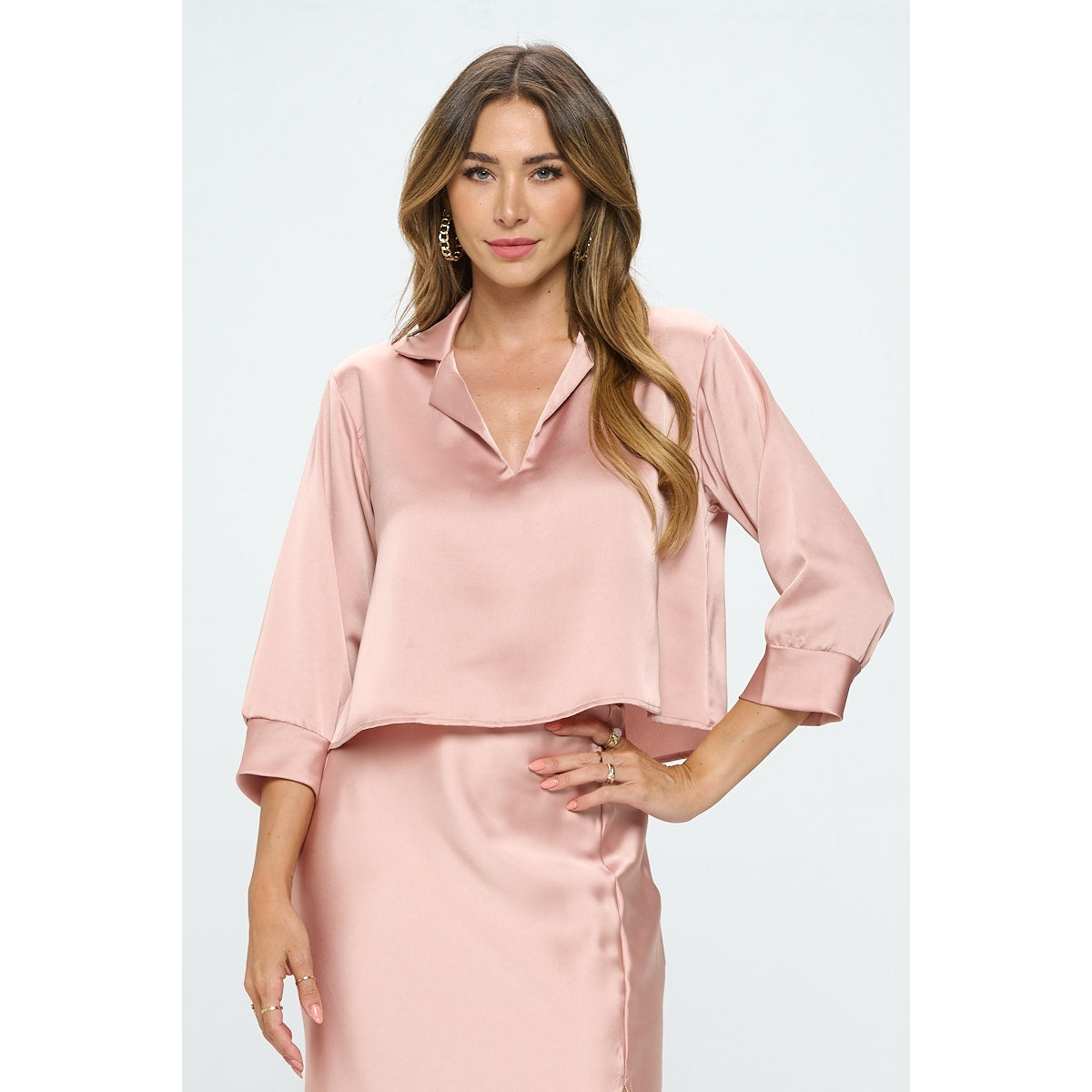Satin V Neck Collared Crop Top