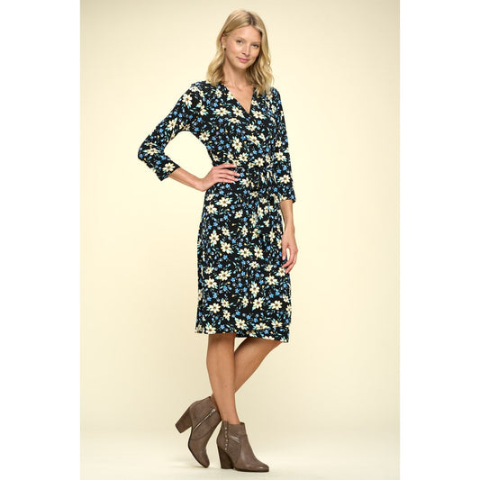 Floral Print V-Neck Wrap Dress - Black