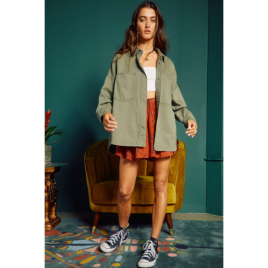Oversized Denim Shirt Jacket - Olive - FINAL SALE