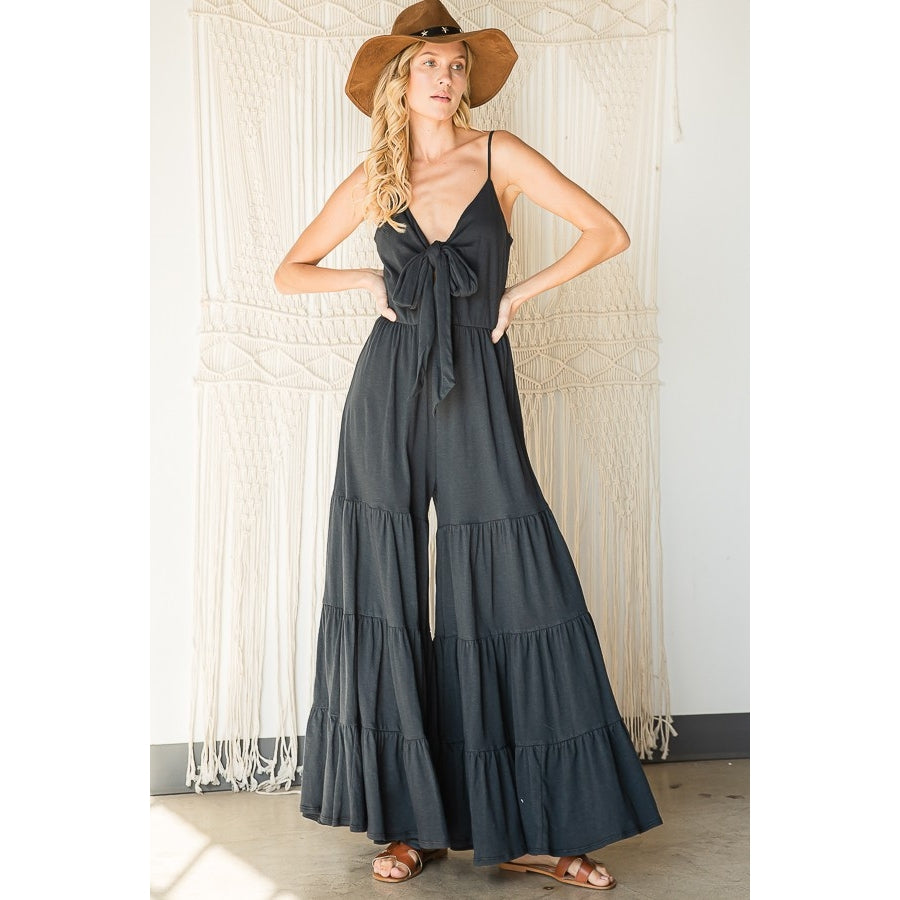 Tie Front Tiered Leg Jumpsuit