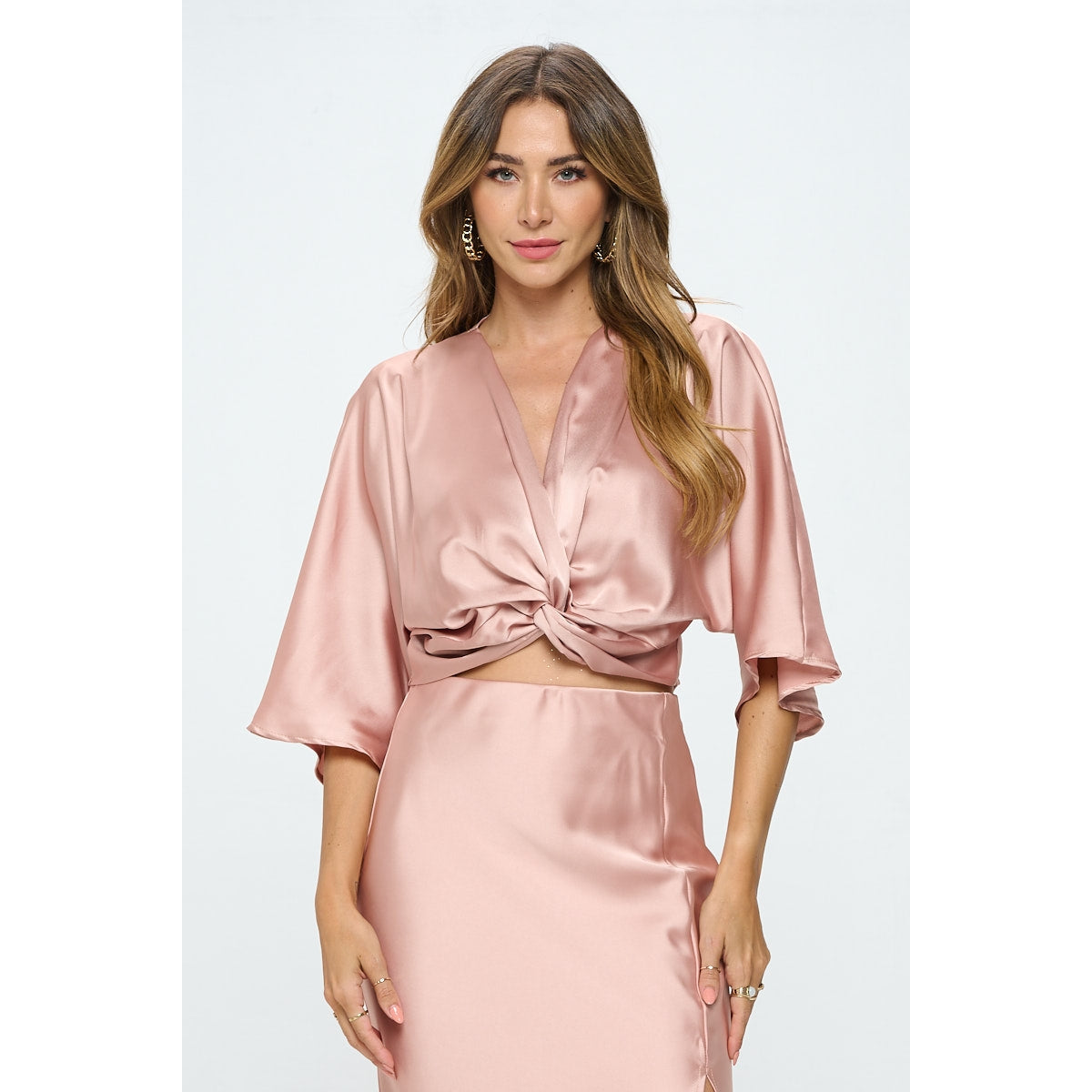Satin Short Sleeve Top with Front Twist