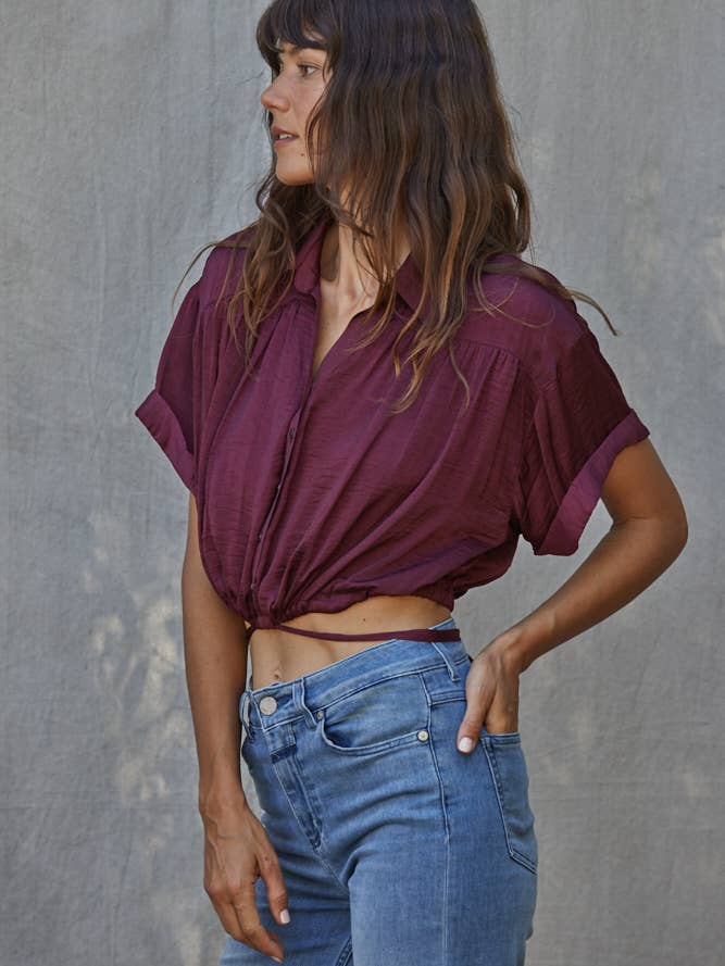 Satin Button Up with Tie Waist - Maroon
