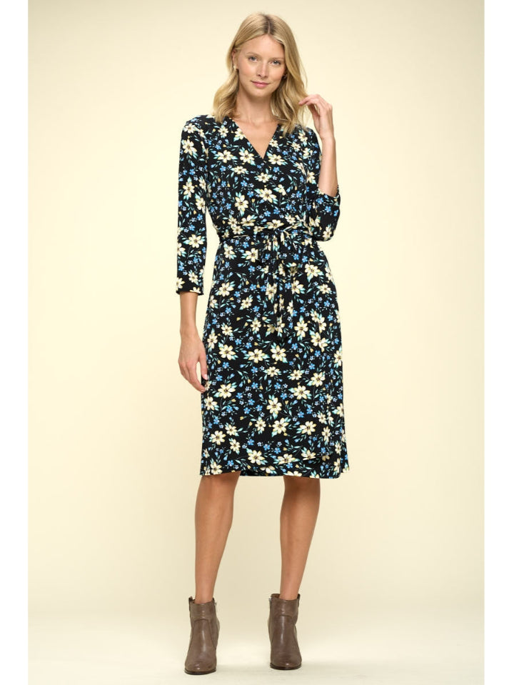 Floral Print V-Neck Wrap Dress - Black