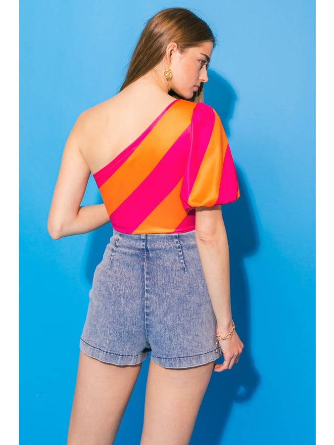 Printed Ponti Bodysuit - Orange / Pink