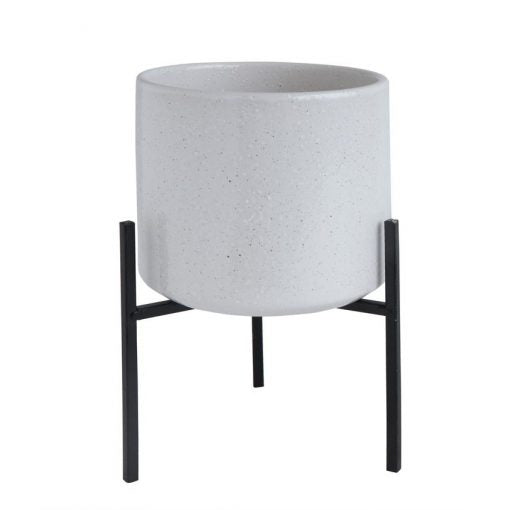Large Stoneware Pot with Metal Stand