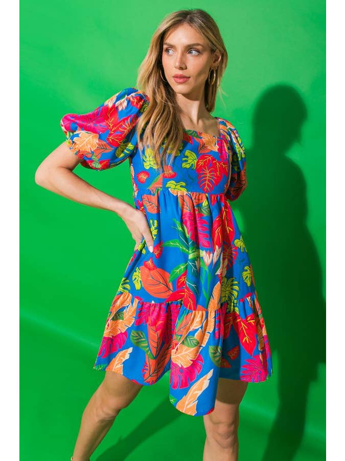 Printed Woven Mini Dress - Blue