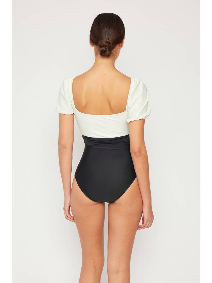Puff Sleeve One Piece Swimsuit - Black & Cream