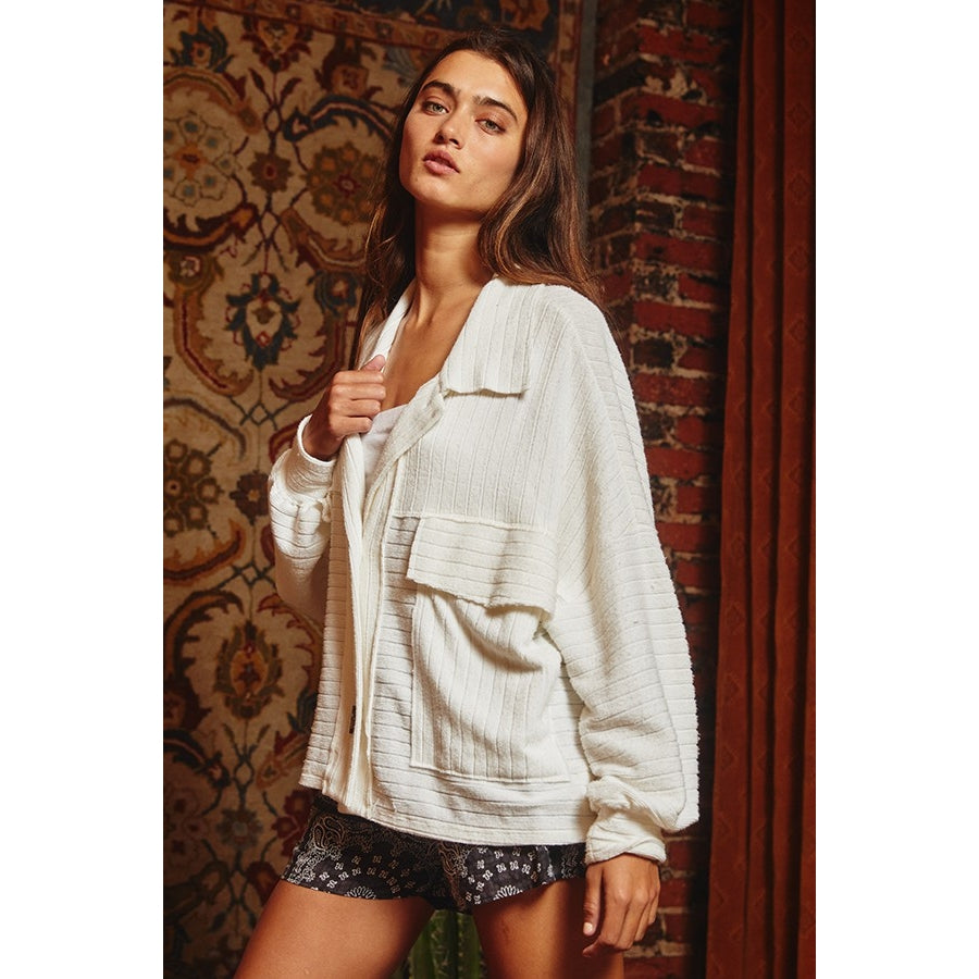 Rib Knit Shirt Jacket - White