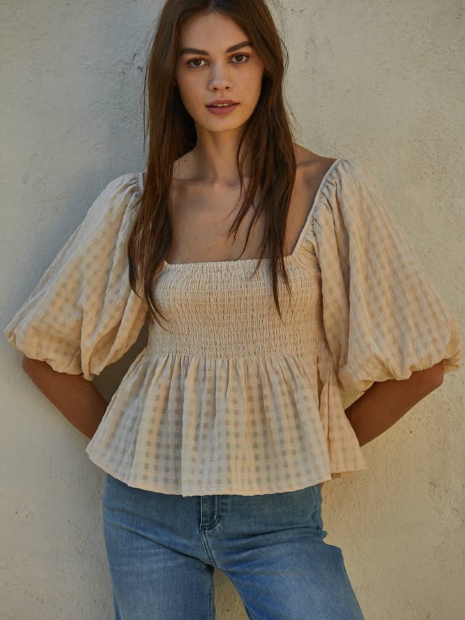 Puffy Sleeve Smocking Chest Top - Cream