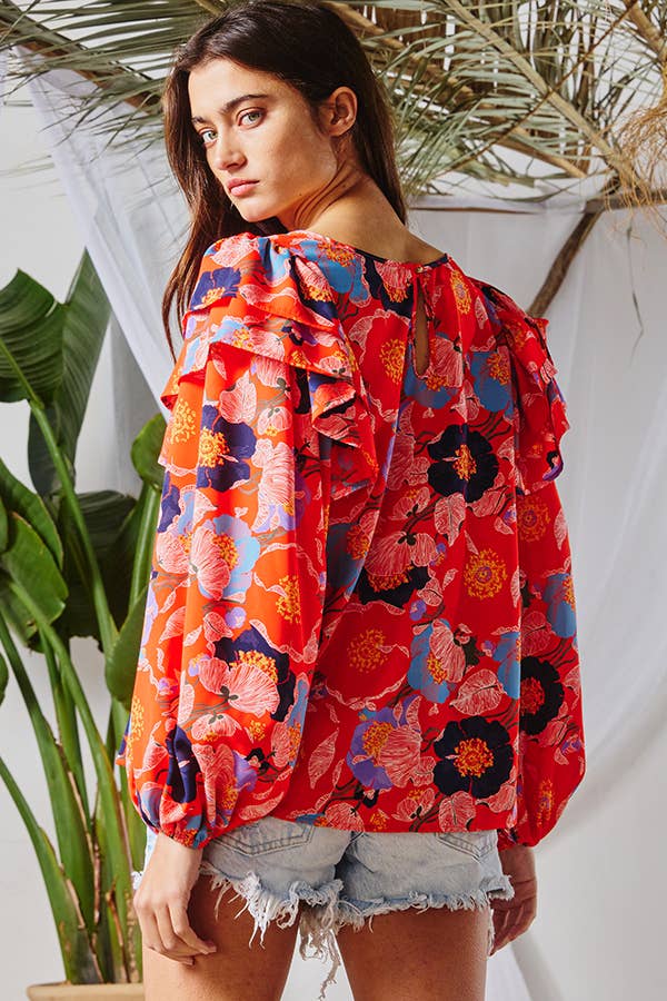 Ruffled Shoulder Floral Blouse - Red