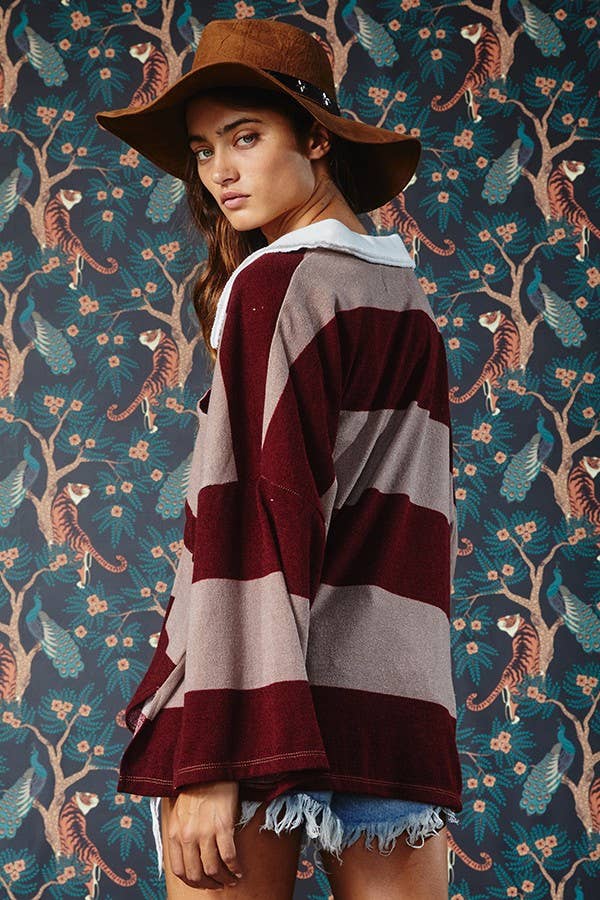 Rugby Stripe Pullover Top- Burgundy / Mocha