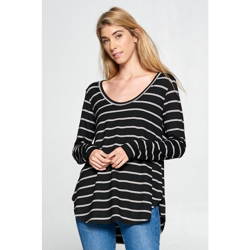 Modal Striped V Neck Top - Black