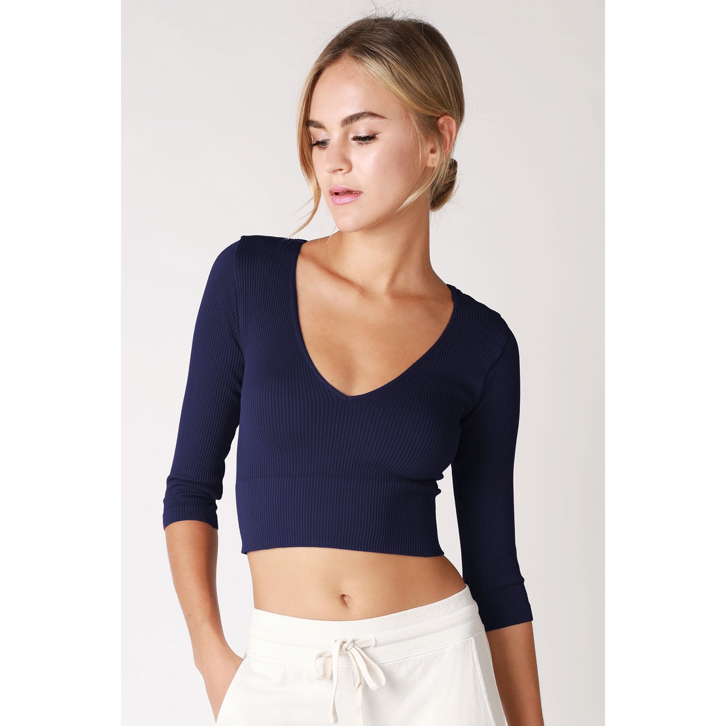 3/4 Sleeve V Neck Crop Top - Indigo