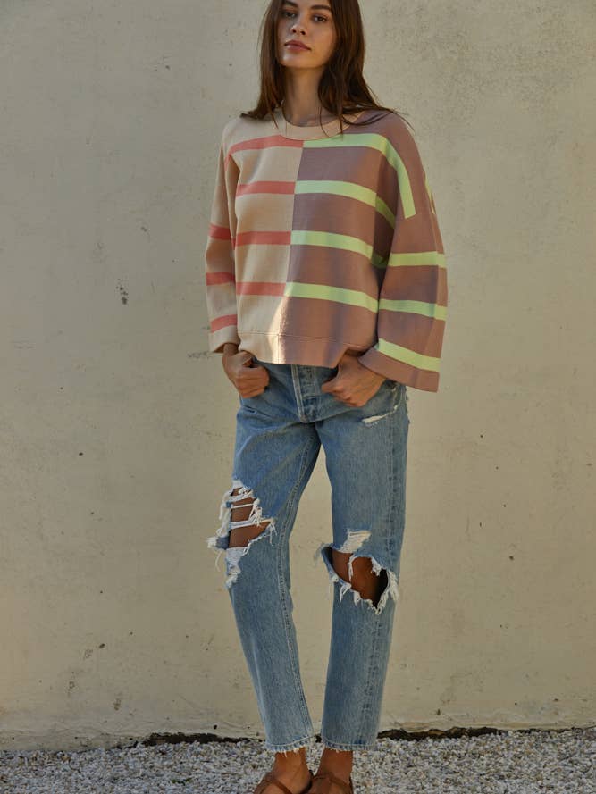 Contrast Crew Neck - Coral / Mocha