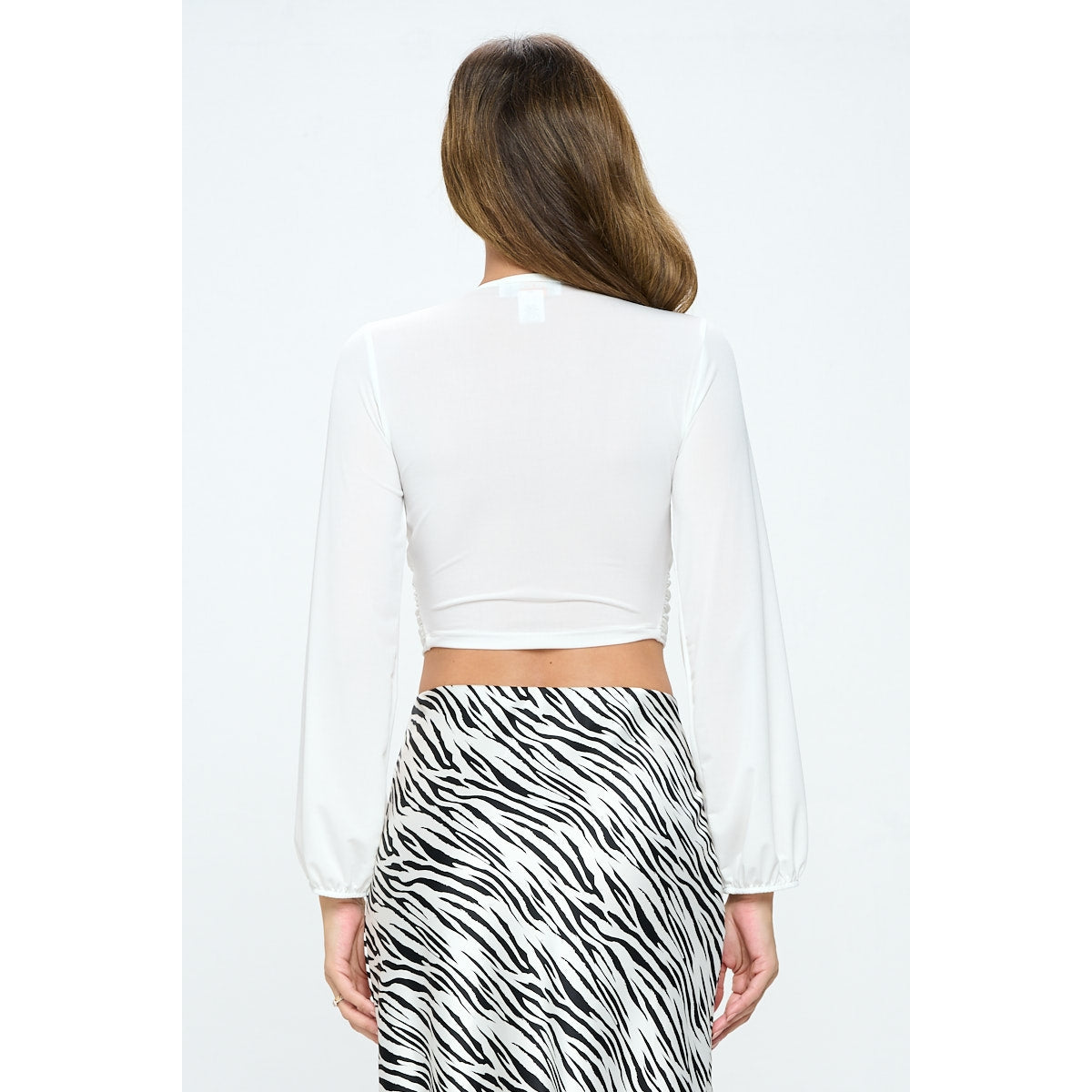 V Neck Long Sleeve Crop Top - Ivory