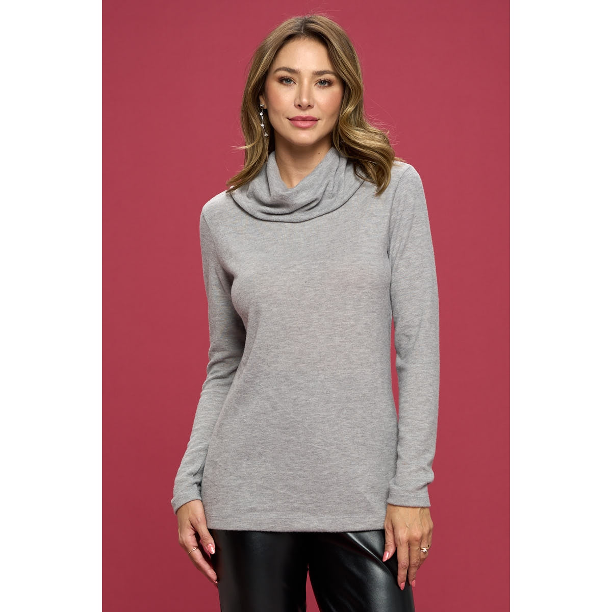 Brushed Knit Turtleneck Tunic Top - Grey