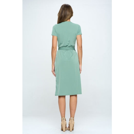 V Neck Wrap Dress with Tie - Sage