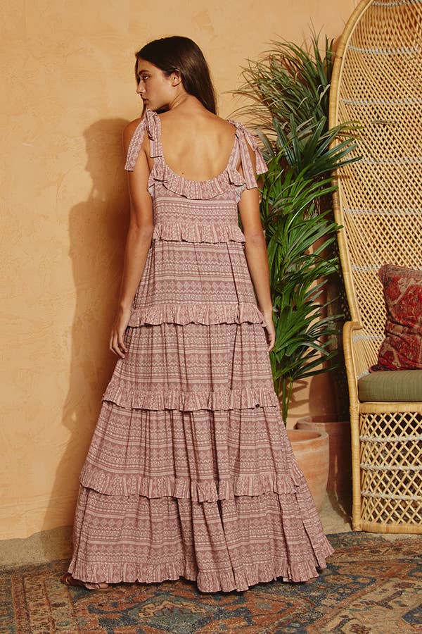 Aztec Print Tiered Maxi Dress - Dusty Mauve