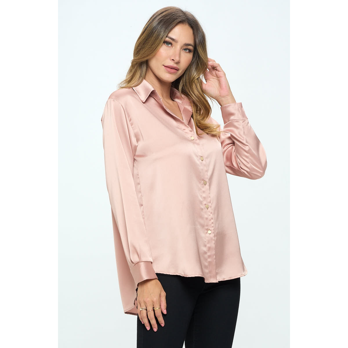 Stretch Satin V Neck Blouse - Peach