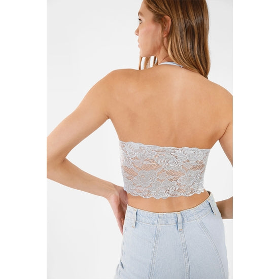 Lace Back Halter Crop Top - Ice Blue