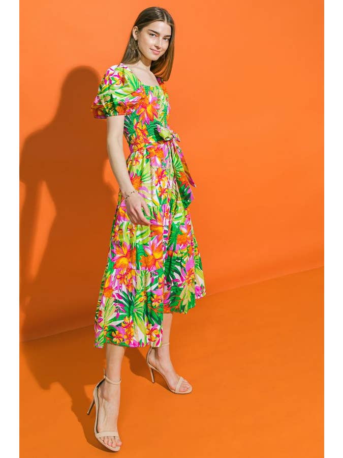Printed Poplin Midi Dress - Green Fuschia